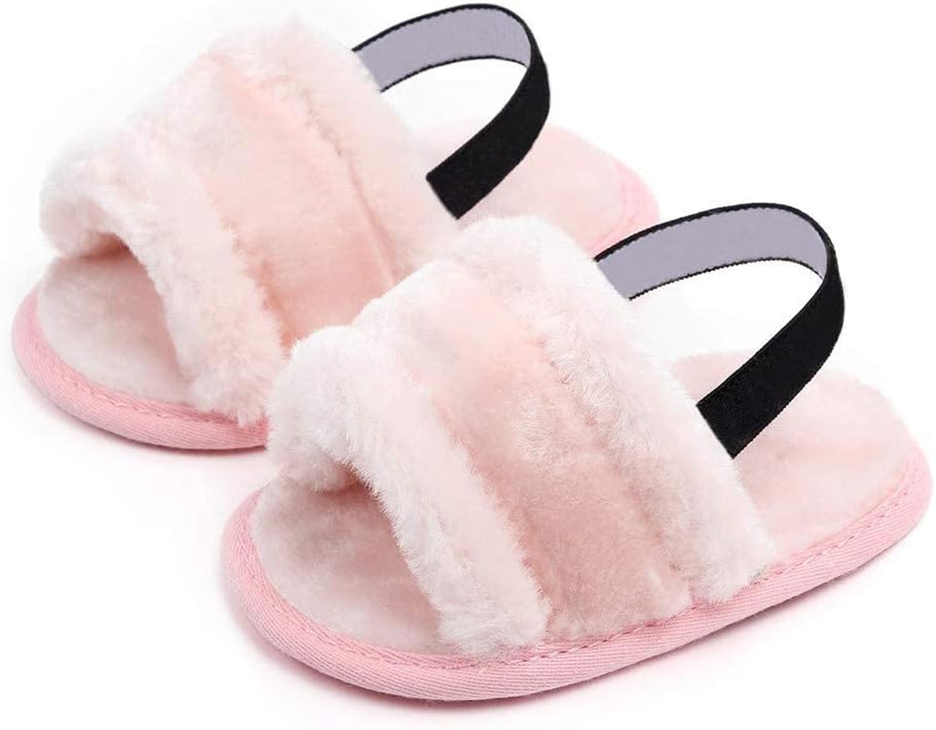 Infant Baby Girls Sandals Faux Fur Slides with Elastic Back Strap Flats Slippers Princess Dress First Walker Moccasins Shoes